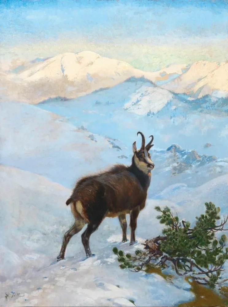 Gemälde Ein Gams den Bergen - Albert Singer