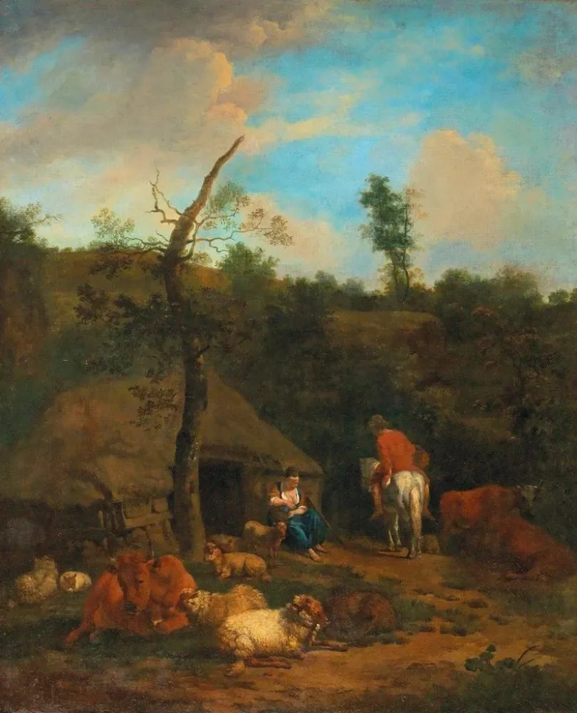 Gemälde Ein Hirte und eine Hirtin vor einem Holzhaus - Adriaen van de Velde | Kunstdruck