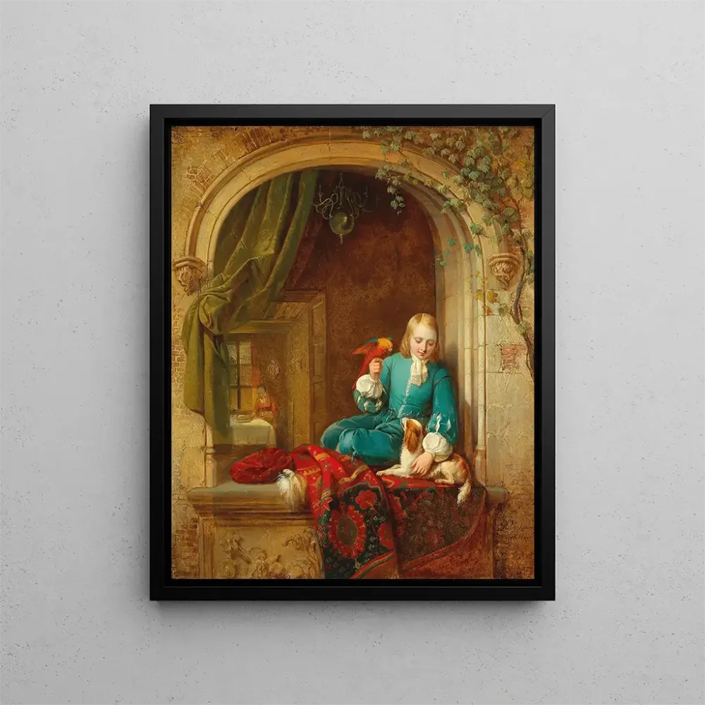 Gemälde Ein Junge am Fenster mit einem kleinen Hund und einem Papagei - Alexis Van Hamme | Kunstdruck
