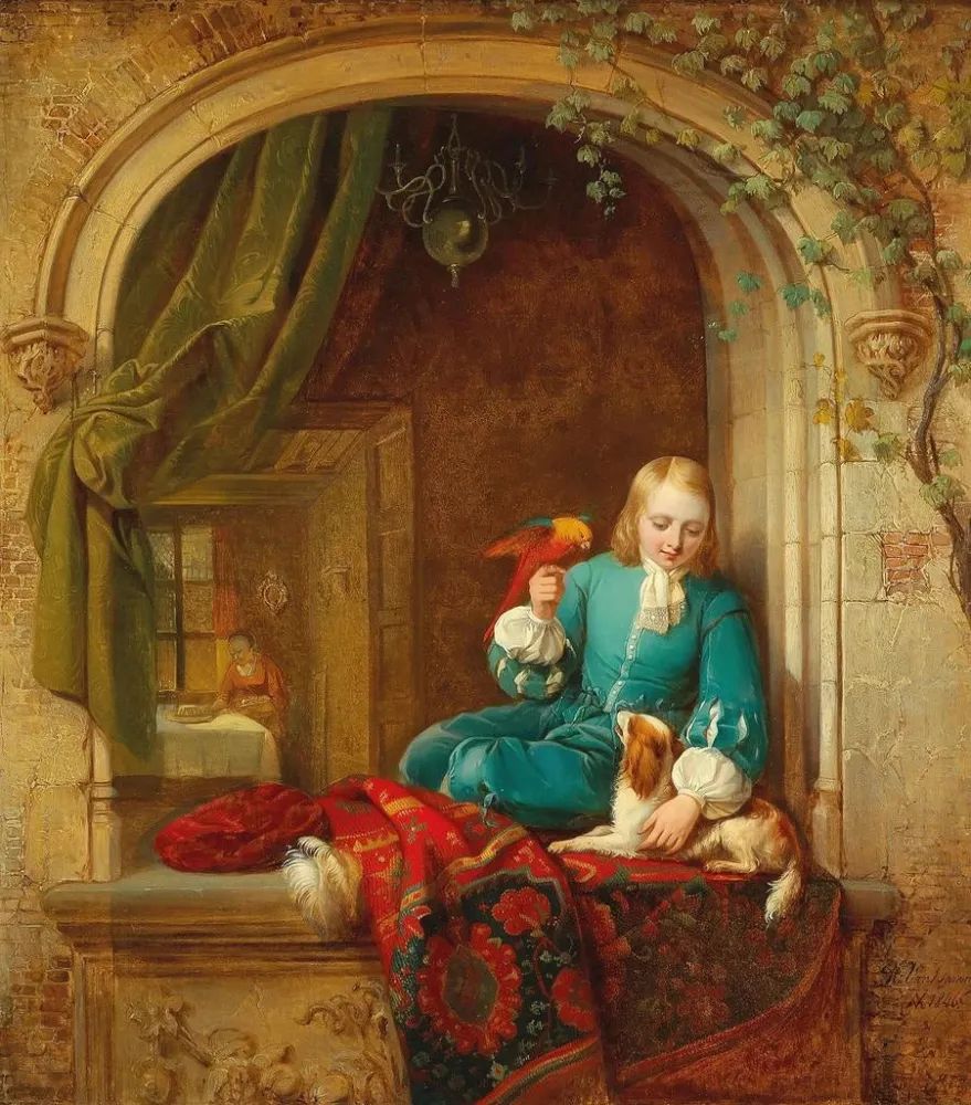Gemälde Ein Junge am Fenster mit einem kleinen Hund und einem Papagei - Alexis Van Hamme | Kunstdruck