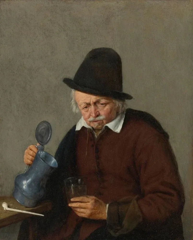 Gemälde Ein Mann, der ein Bierkrug und ein Glas hält - Adriaen van Ostade | Kunstdruck