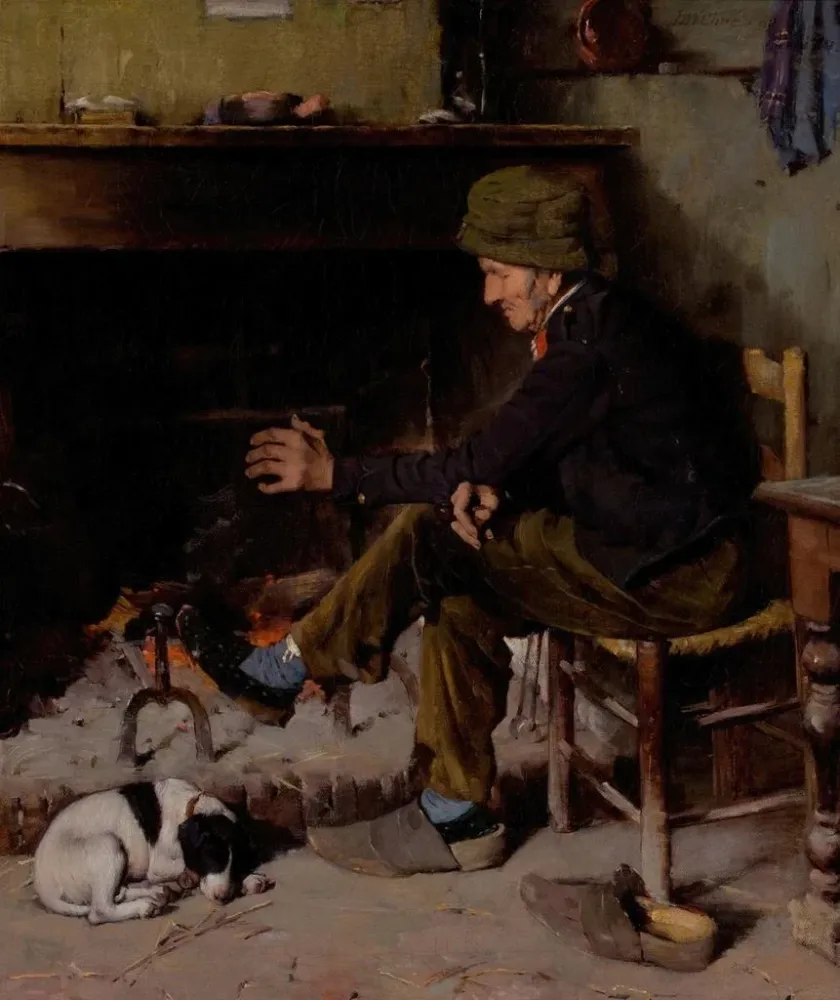 Gemälde Ein Mann mit seinem Hund vor einem Kamin - Benjamin West Clinedinst