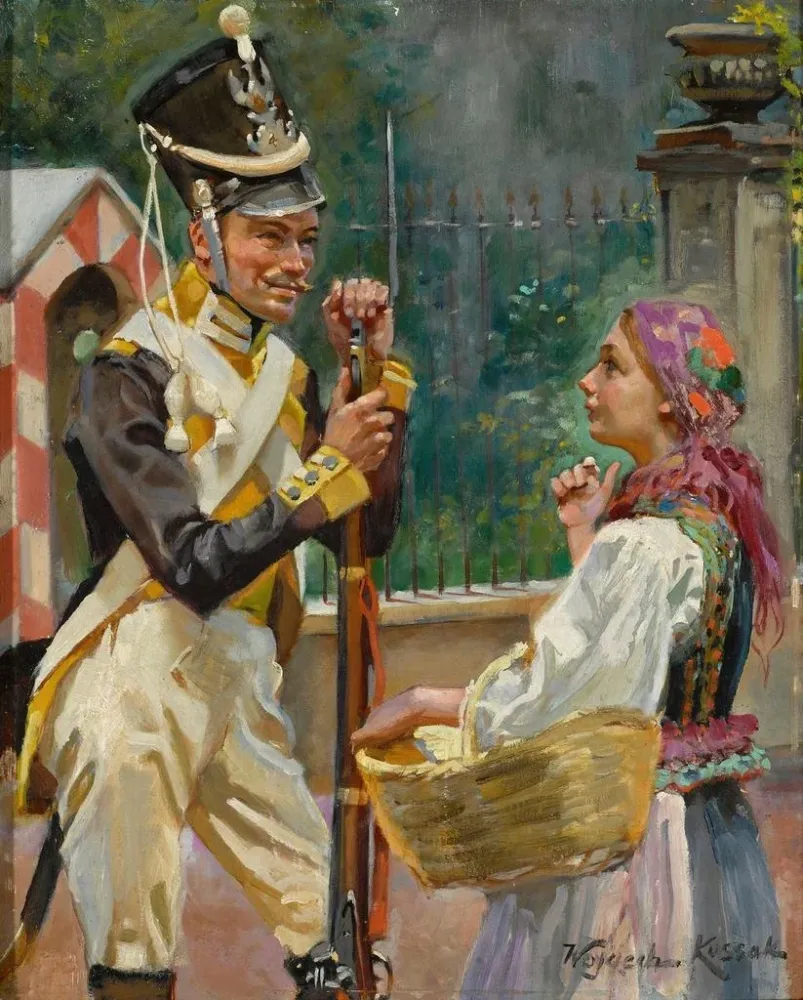 Gemälde Ein Soldat und ein junges Mädchen vor dem Belvedere – Wojciech Kossak | Kunstdruck