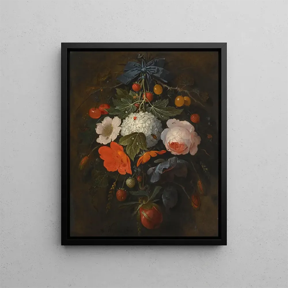 Gemälde Eine Girlande aus Blumen und Früchten, bestehend aus einer Rosenrose, einer Mohnblume, einer Schneekugel, Johannis...