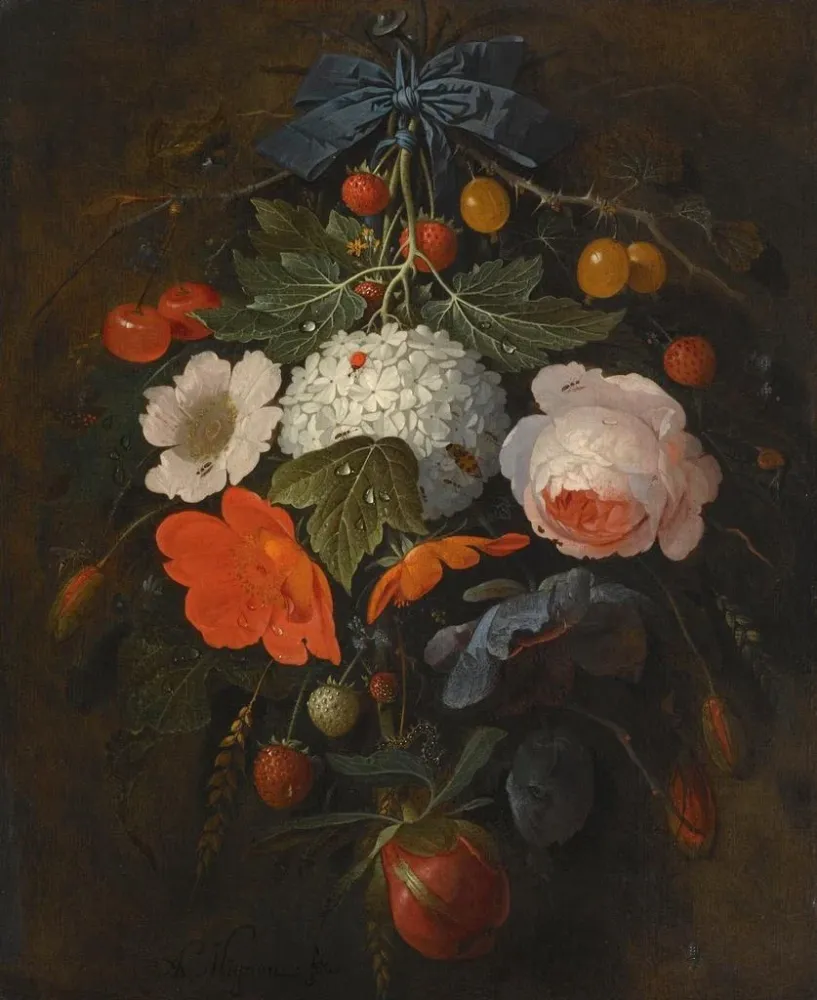 Gemälde Eine Girlande aus Blumen und Früchten, bestehend aus einer Rosenrose, einer Mohnblume, einer Schneekugel, Johannis...