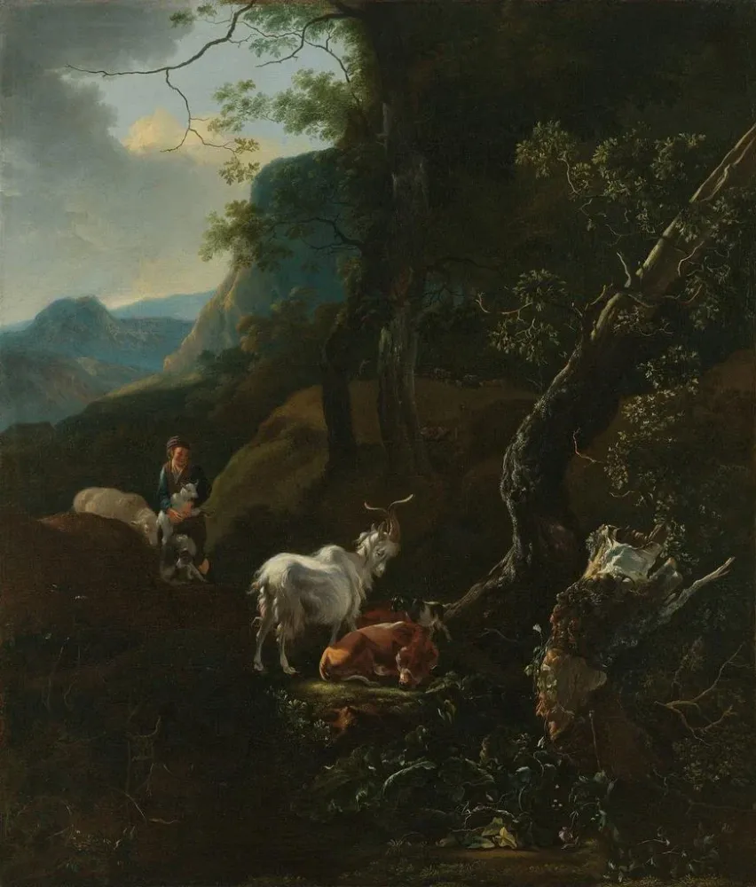Gemälde Eine Hirtin mit Tieren einer bergigen Landschaft - Adam Pynacker | Kunstdruck