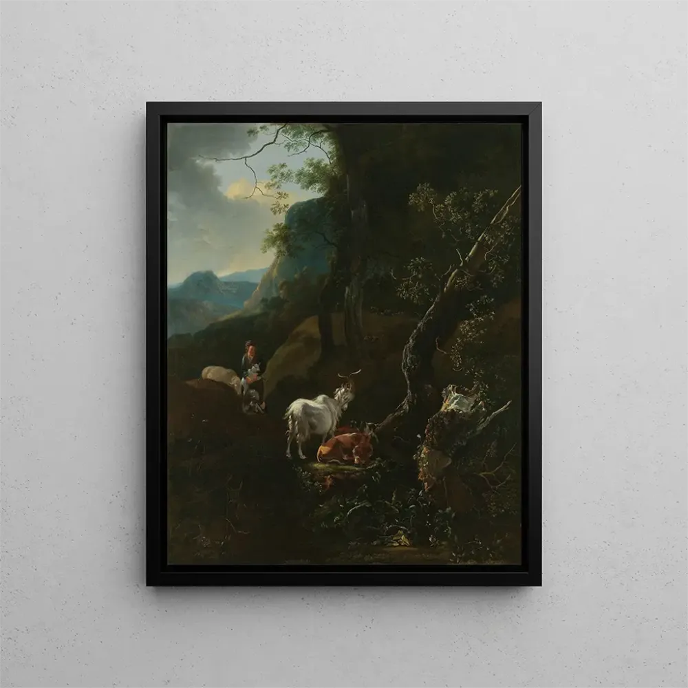 Gemälde Eine Hirtin mit Tieren einer bergigen Landschaft - Adam Pynacker | Kunstdruck