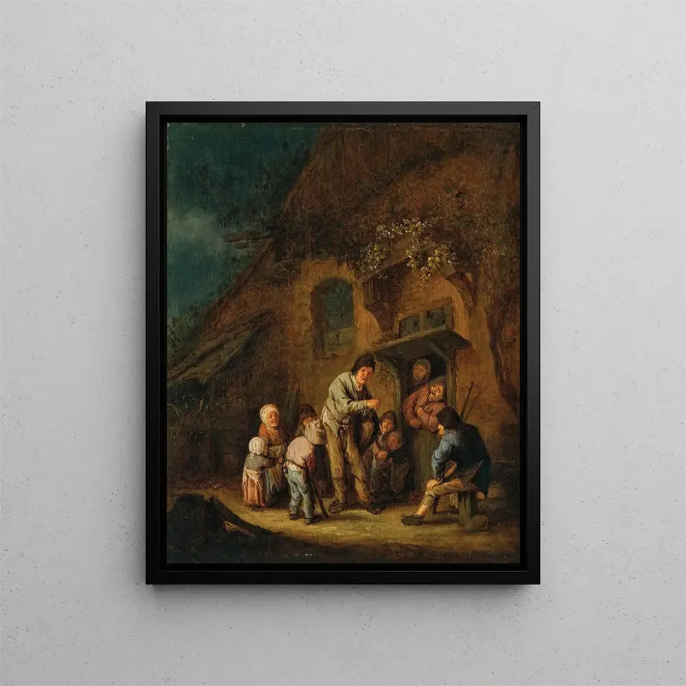 Gemälde Eine Hofszene mit Kindern und Bauern, die einem Drehorgelspieler zuhören - Adriaen van Ostade | Kunstdruck