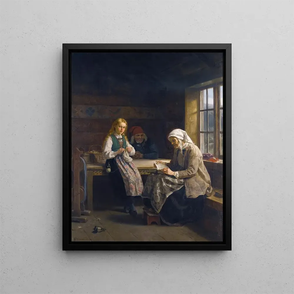 Gemälde Eine junge Frau, die einem Hardanger-Innenraum strickt - Adolph Tidemand