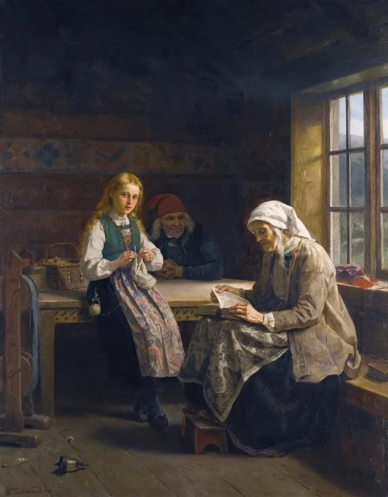 Gemälde Eine junge Frau, die einem Hardanger-Innenraum strickt - Adolph Tidemand