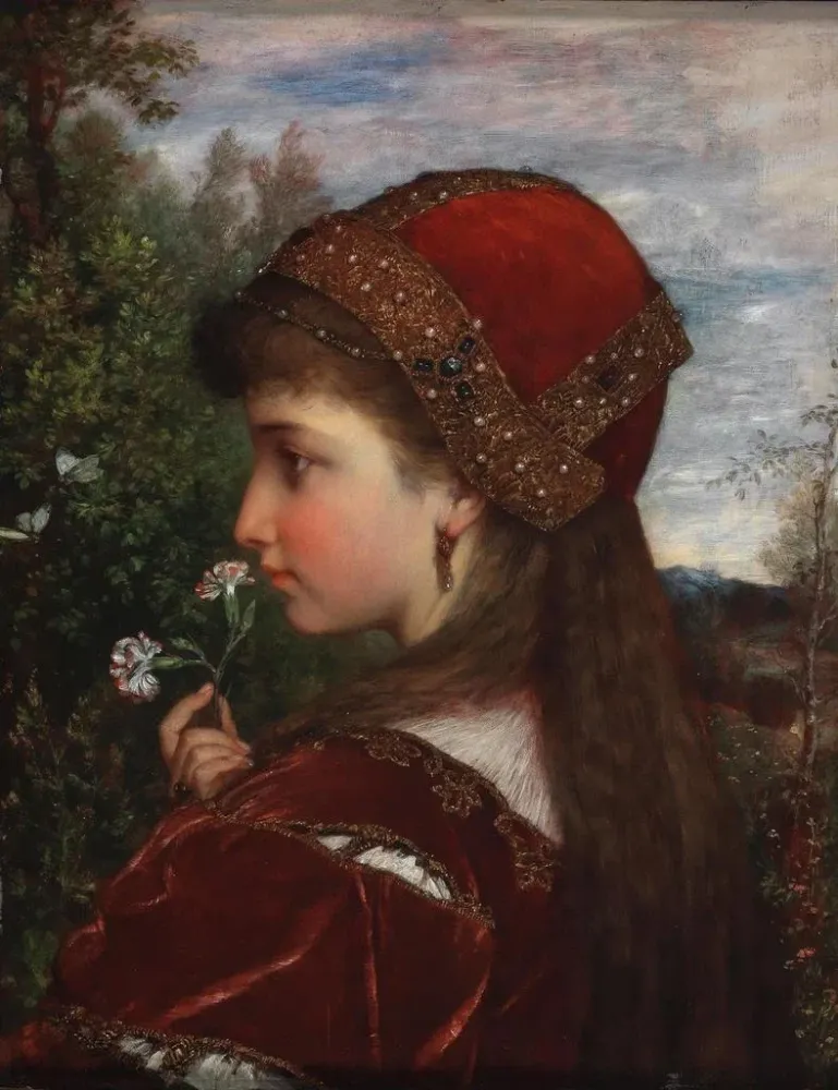 Gemälde Eine Profilaufnahme eines Mädchens mit Nelken - Anton Bertzik | Kunstdruck