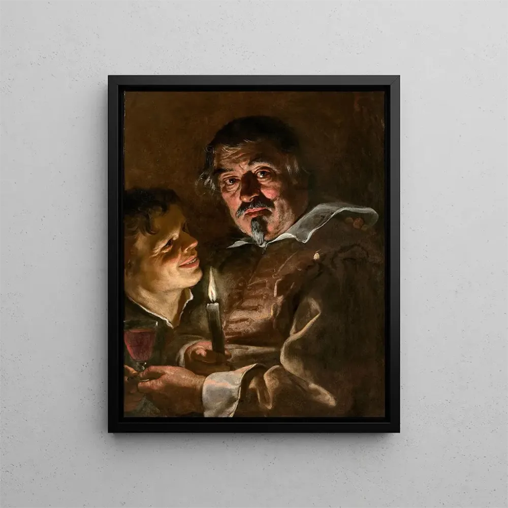 Gemälde eines reifen Mannes und eines jungen Jungen, der ein Weinglas im Kerzenschein hält - Adam de Coster | Kunstdruck