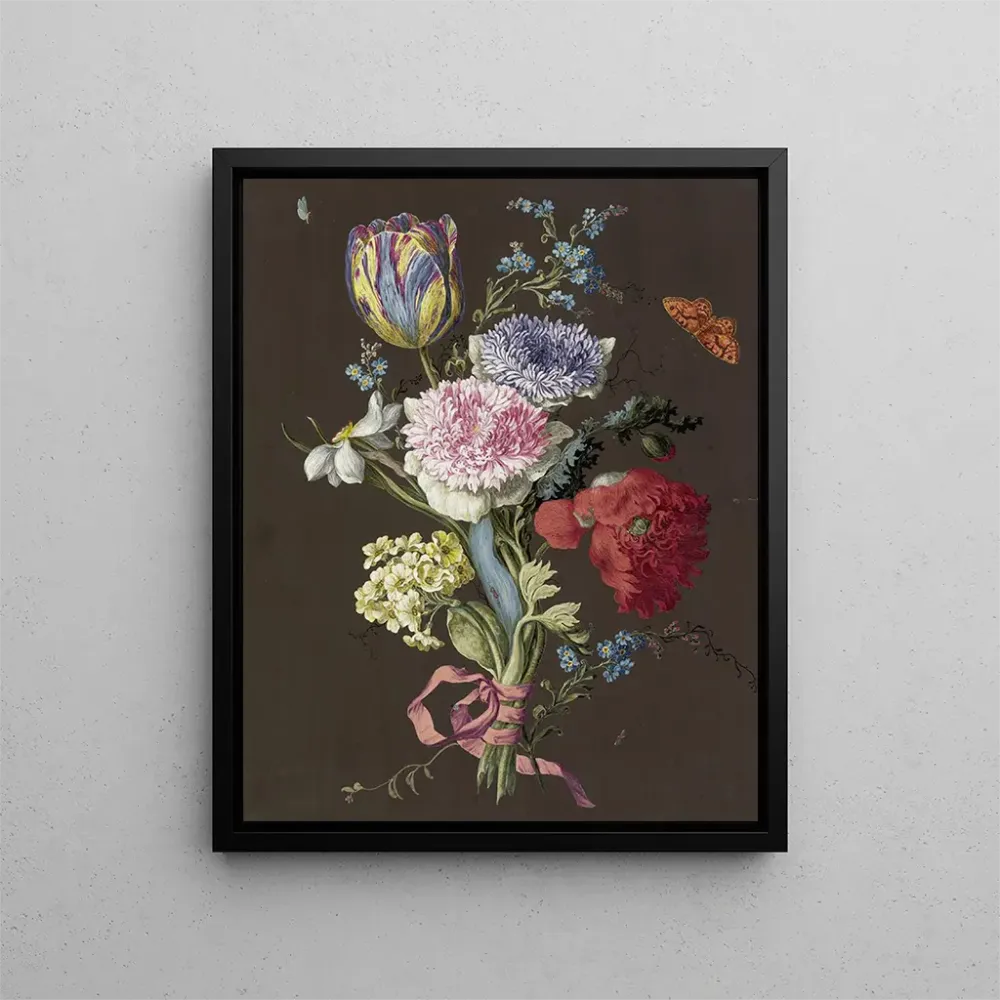 Gemälde Florale Komposition mit Anemonen und braunem Schmetterling - Anonym | Kunstdruck