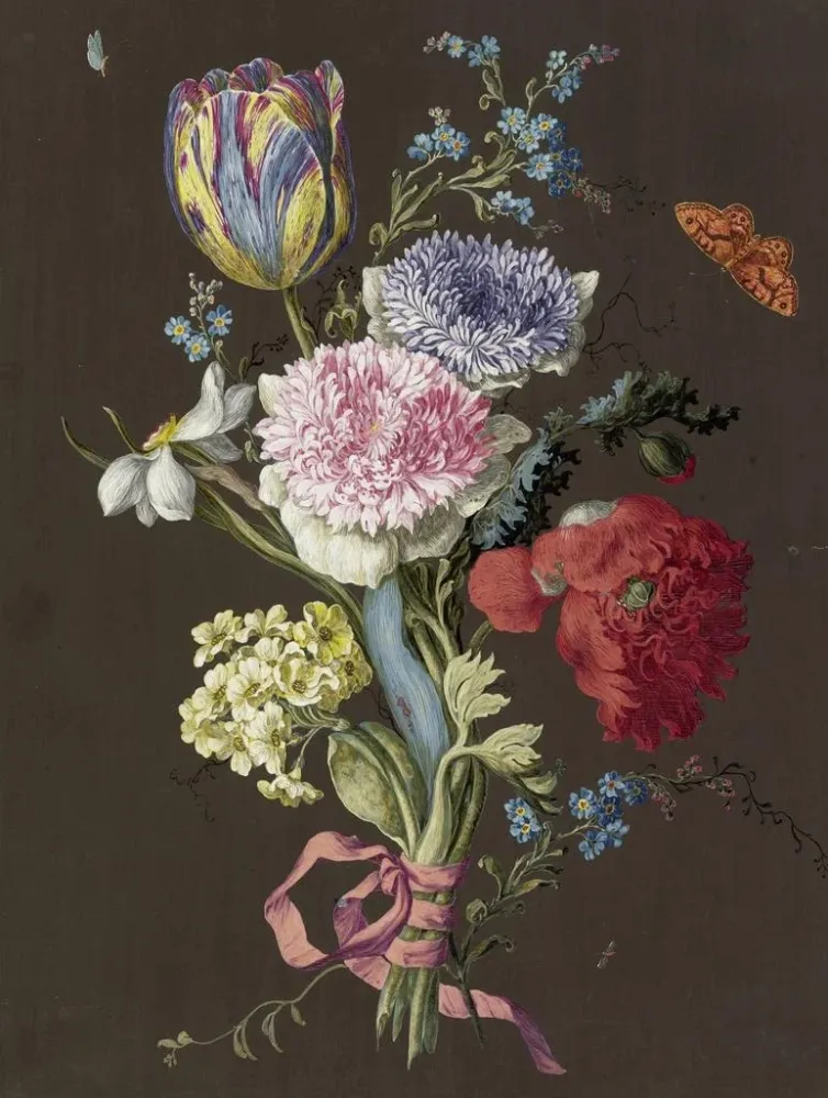 Gemälde Florale Komposition mit Anemonen und braunem Schmetterling - Anonym | Kunstdruck