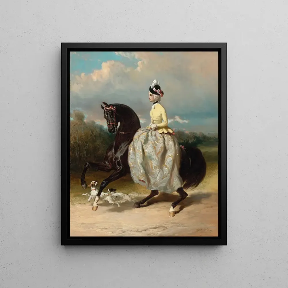 Gemälde Frau im Kostüm Marie Antoinette auf einem galoppierenden Pferd - Alfred de Dreux | Kunstdruck