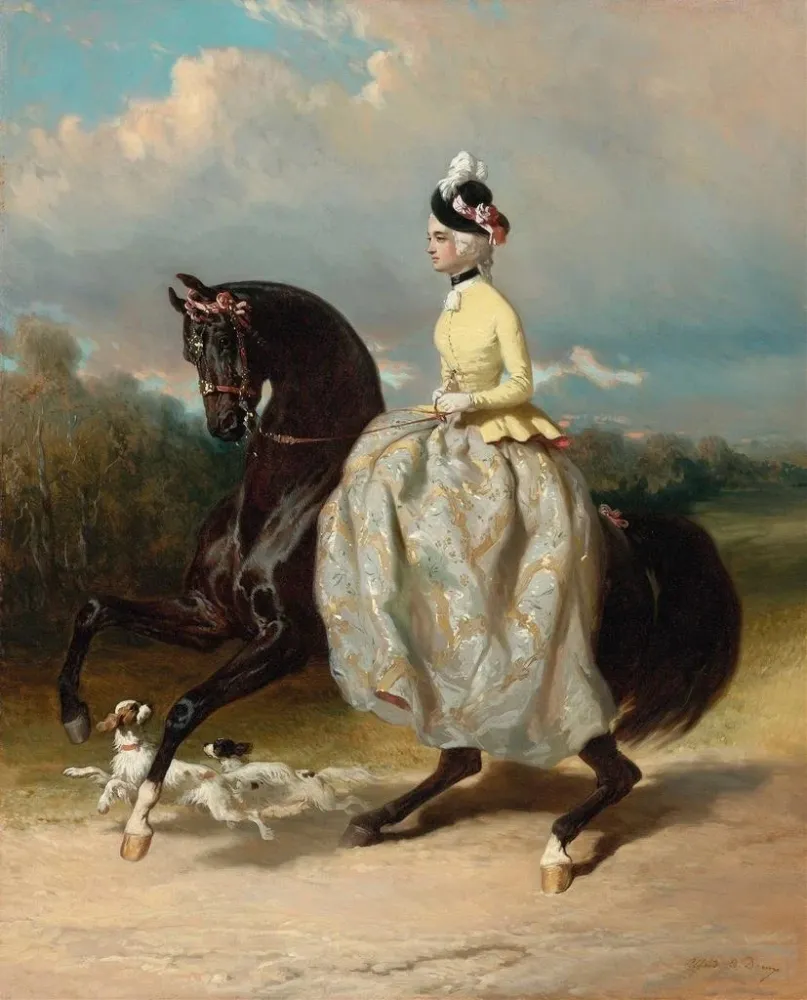 Gemälde Frau im Kostüm Marie Antoinette auf einem galoppierenden Pferd - Alfred de Dreux | Kunstdruck