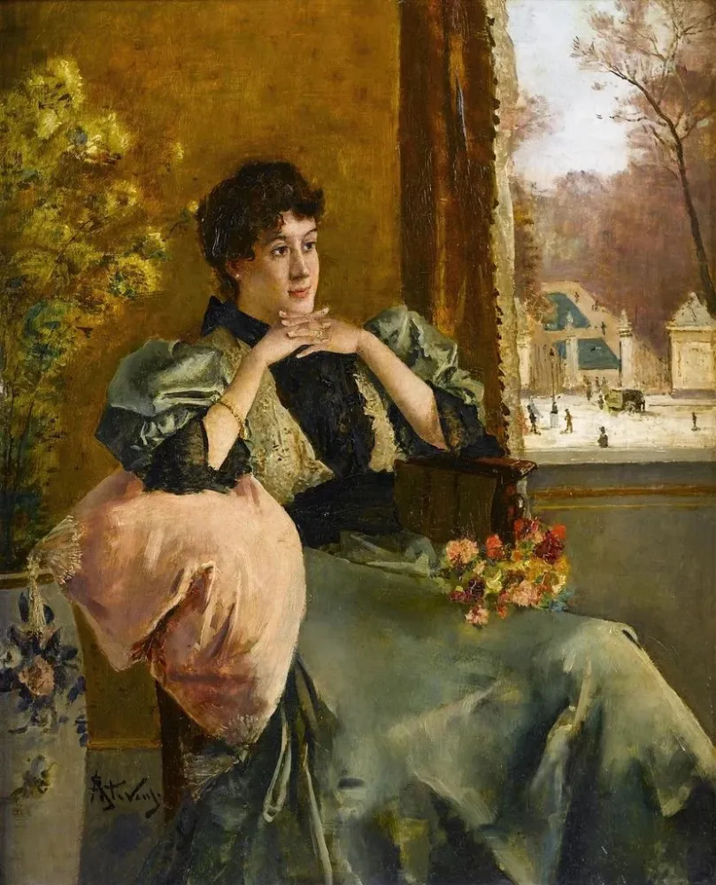 Gemälde Frau nachdenklich der Nähe eines Fensters - Alfred Stevens | Kunstdruck