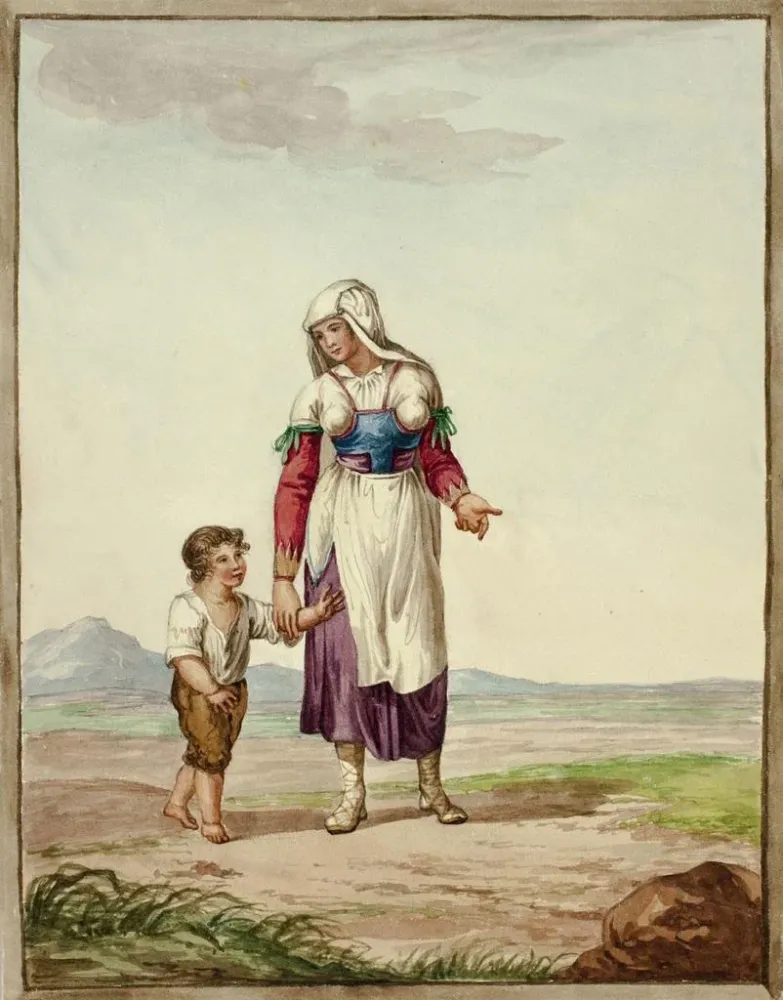 Gemälde Frau traditioneller Kleidung mit einem Jungen auf der Straße - Nach Bartolomeo Pinelli