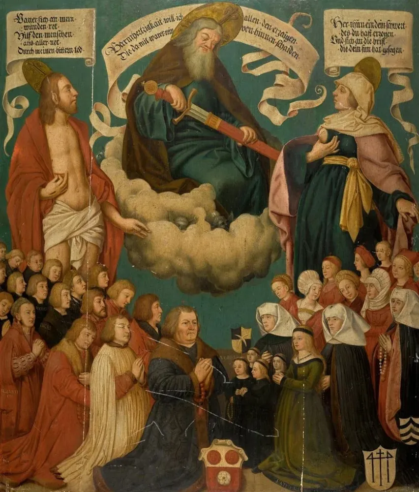 Gemälde Gott Vater, Christus und Jungfrau Maria mit Spendern - Nach Hans Holbein dem Älteren | Kunstdruck