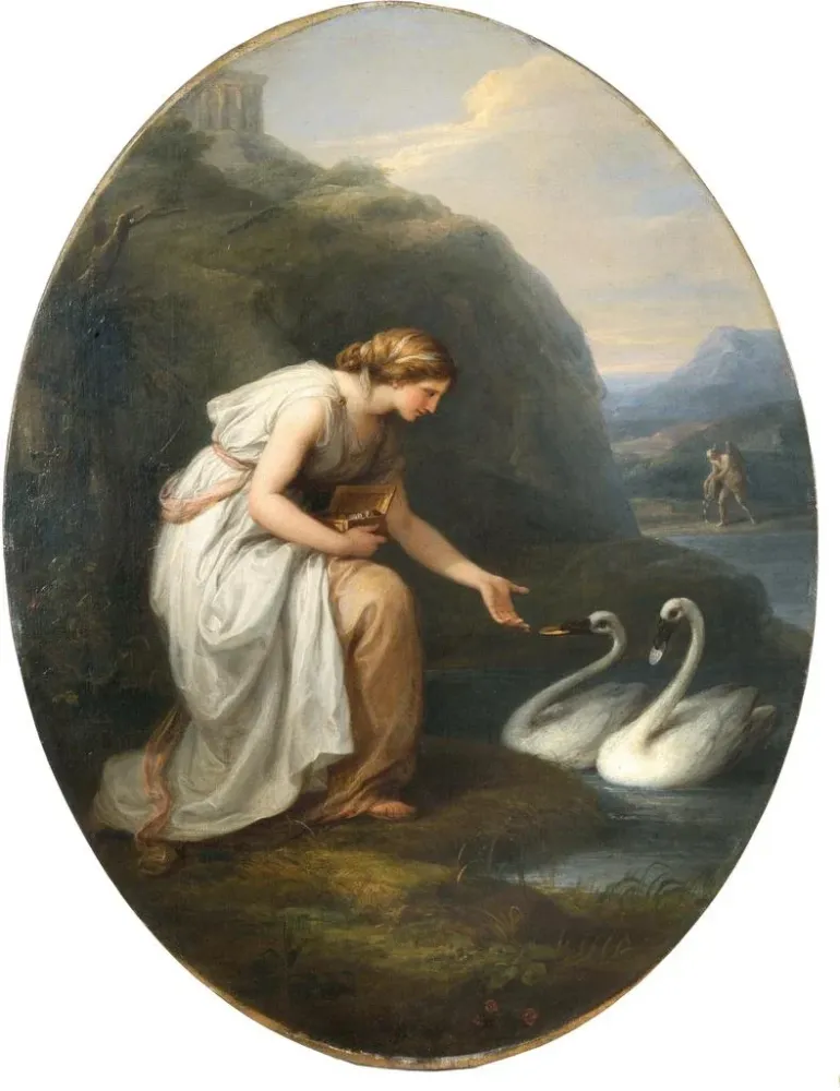 Gemälde Immortalia, die Nymphe der Unsterblichkeit, erhält Namentafeln von zwei Schwänen - Angelica Kauffman | Kunstdruck