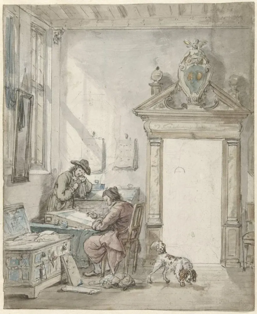 Gemälde Innenszene mit einem Mann, der einem Schreibtisch schreibt - Abraham van Strij | Kunstdruck