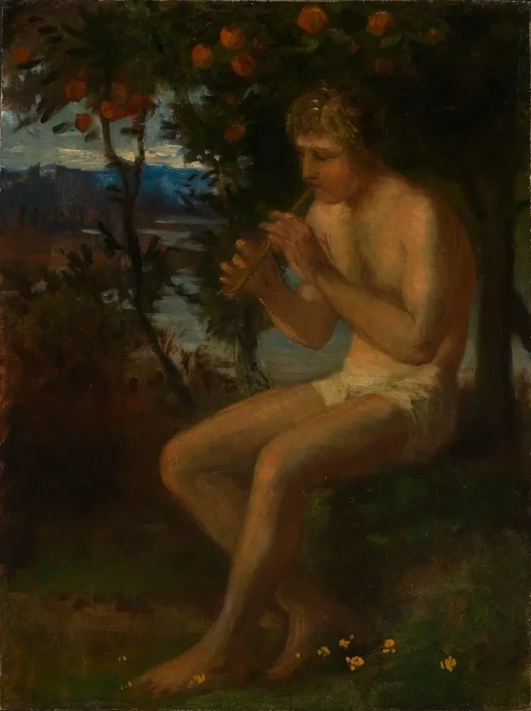 Gemälde Junge, der am Seeufer Flöte spielt - Albert Lang | Kunstdruck