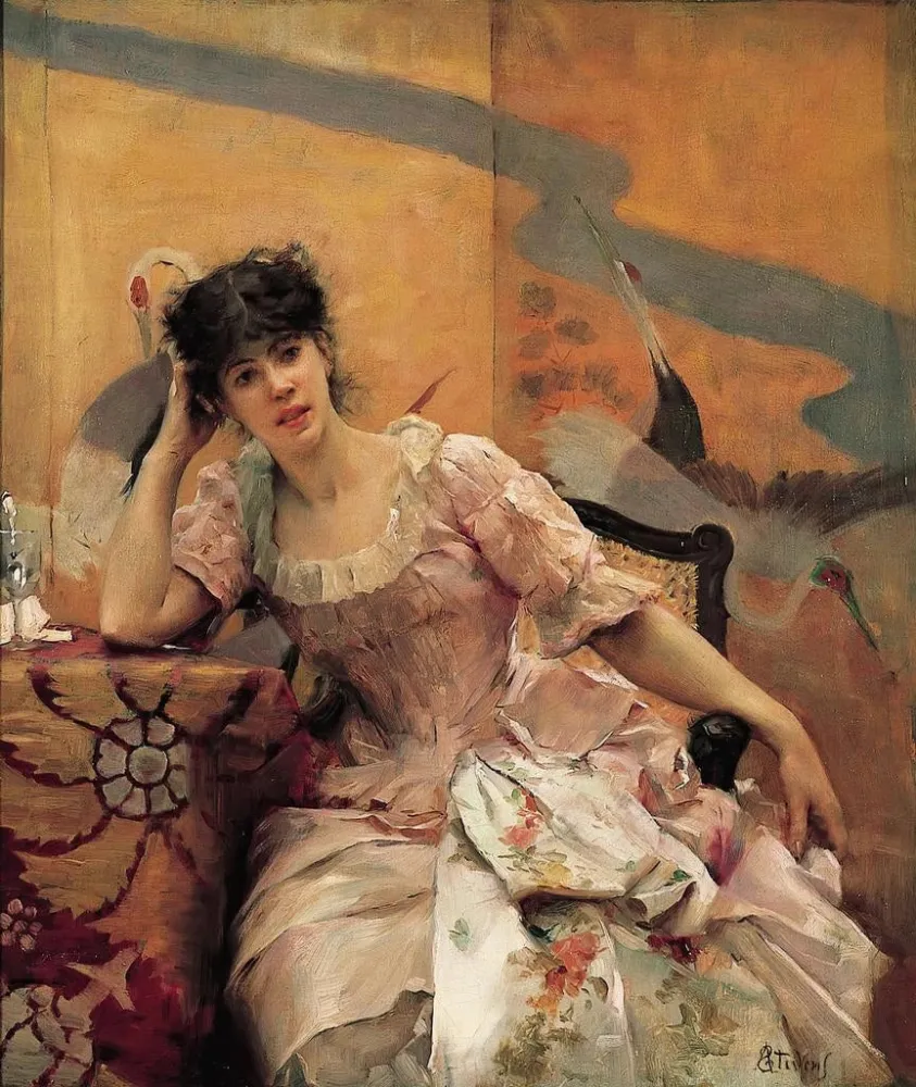 Gemälde Junge Frau mit einem japanischen Paravent - Alfred Stevens | Kunstdruck