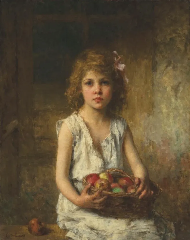 Gemälde Junge Frau mit einem Korb voller Äpfel - Alexei Harlamov | Kunstdruck