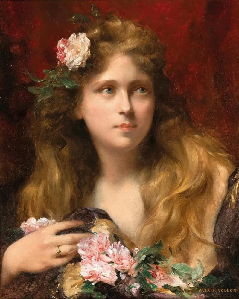 Gemälde Junge Frau mit Rosen - Alexis Vollon | Kunstdruck