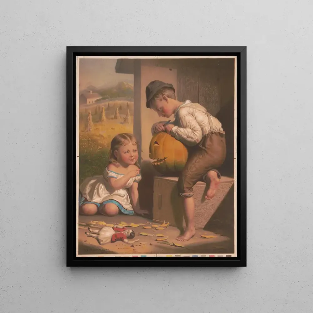 Gemälde Junge und Mädchen, die einen Kürbis eine Laterne schnitzen - Hencke Scott | Kunstdruck