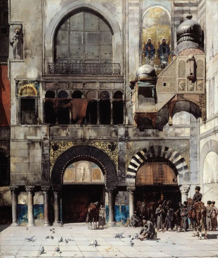 Gemälde Kavallerie der Circassier, die auf ihren Kommandanten der Tür eines byzantinischen Denkmals wartet - Alberto Pasin...