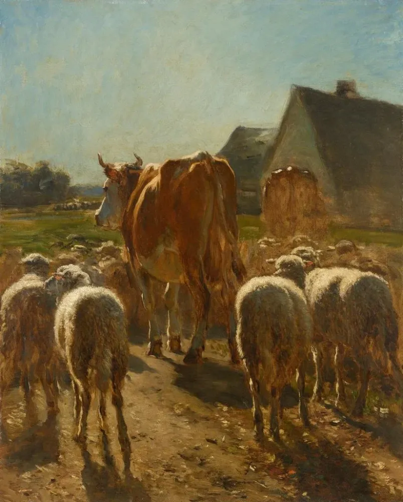 Gemälde Kühe und Schafe, die zur Farm zurückkehren, Sonnenlichteffekt - Constant Troyon | Kunstdruck
