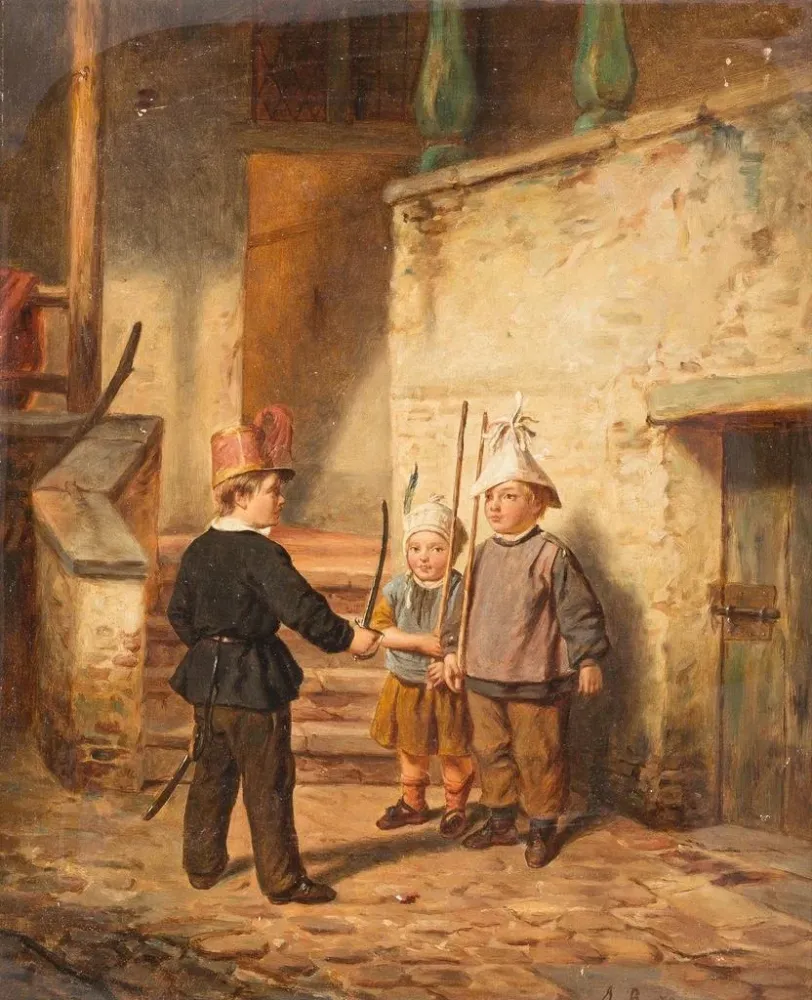 Gemälde Kinder spielen mit Soldaten - Auguste Bachelin | Kunstdruck
