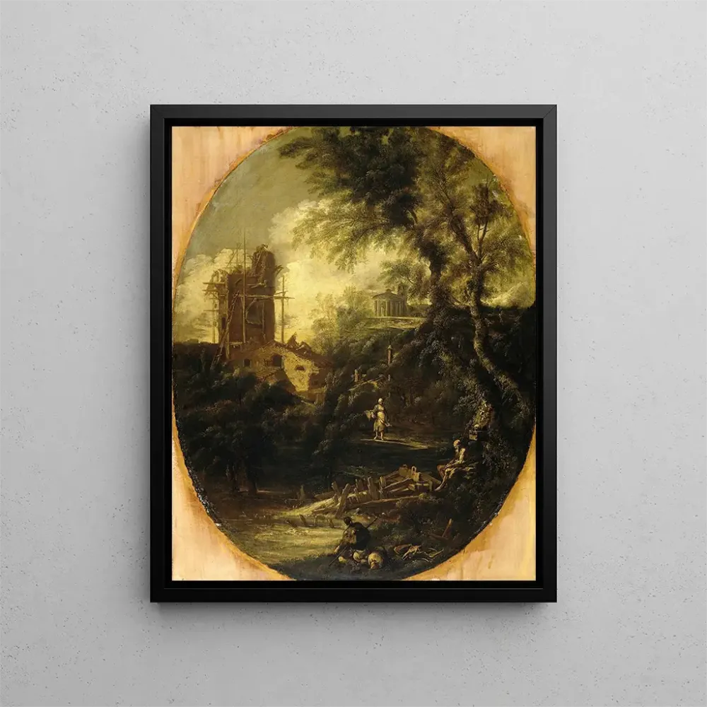 Gemälde Landschaft mit einem Einsiedlerpilger und einer Bäuerin - Antonio Francesco Peruzzini | Kunstdruck