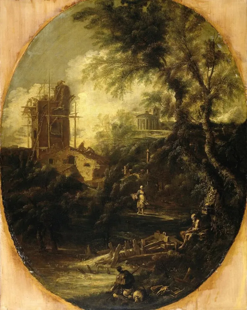 Gemälde Landschaft mit einem Einsiedlerpilger und einer Bäuerin - Antonio Francesco Peruzzini | Kunstdruck