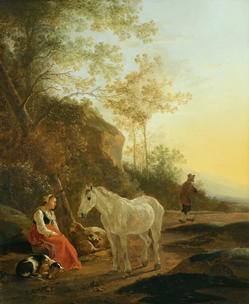 Gemälde Landschaft mit einer Schäferin und einem weißen Pferd - Adam Pynacker | Kunstdruck