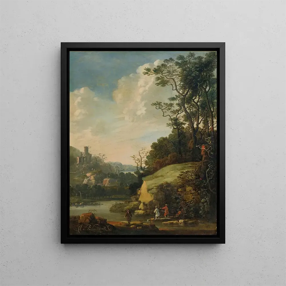 Gemälde Landschaft mit Hügeln und Figuren am Flussufer - Abraham Bloemaert | Kunstdruck