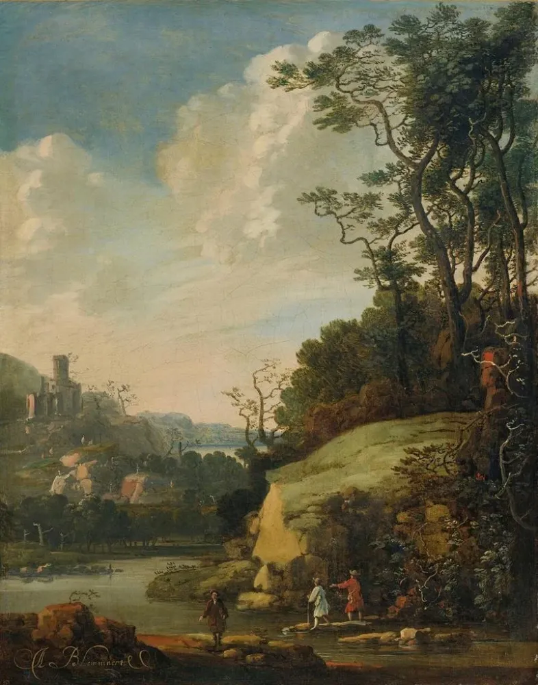 Gemälde Landschaft mit Hügeln und Figuren am Flussufer - Abraham Bloemaert | Kunstdruck