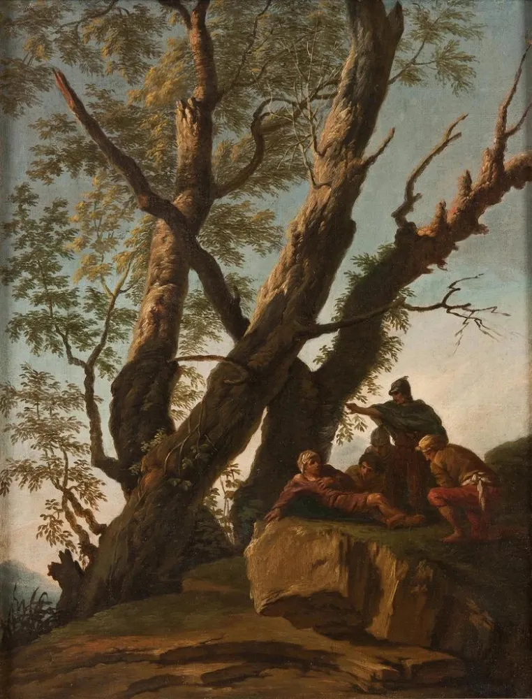 Gemälde Landschaft mit Soldaten und Bauern - Andrea Locatelli | Kunstdruck