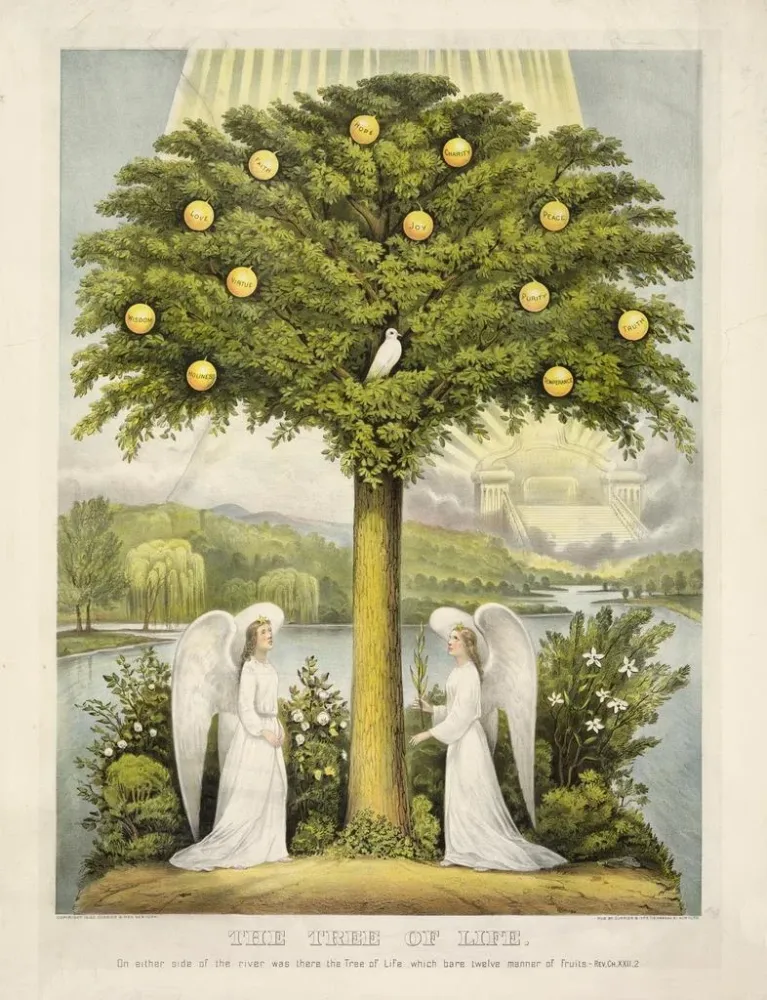 Gemälde L'Arbre de vie de chaque côté du fleuve était l'arbre de vie qui portait douze sortes de fruits - Currier Ives | K...