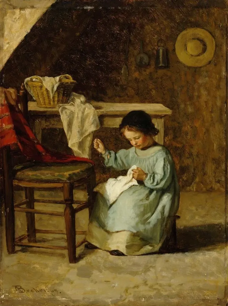 Gemälde Mädchen, das näht - Adolf von Becker | Kunstdruck