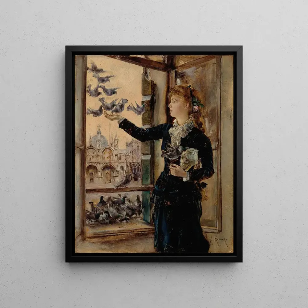 Gemälde Mädchen, das Tauben füttert, einem Fenster mit Blick auf den Markusplatz - Anton Romako | Kunstdruck