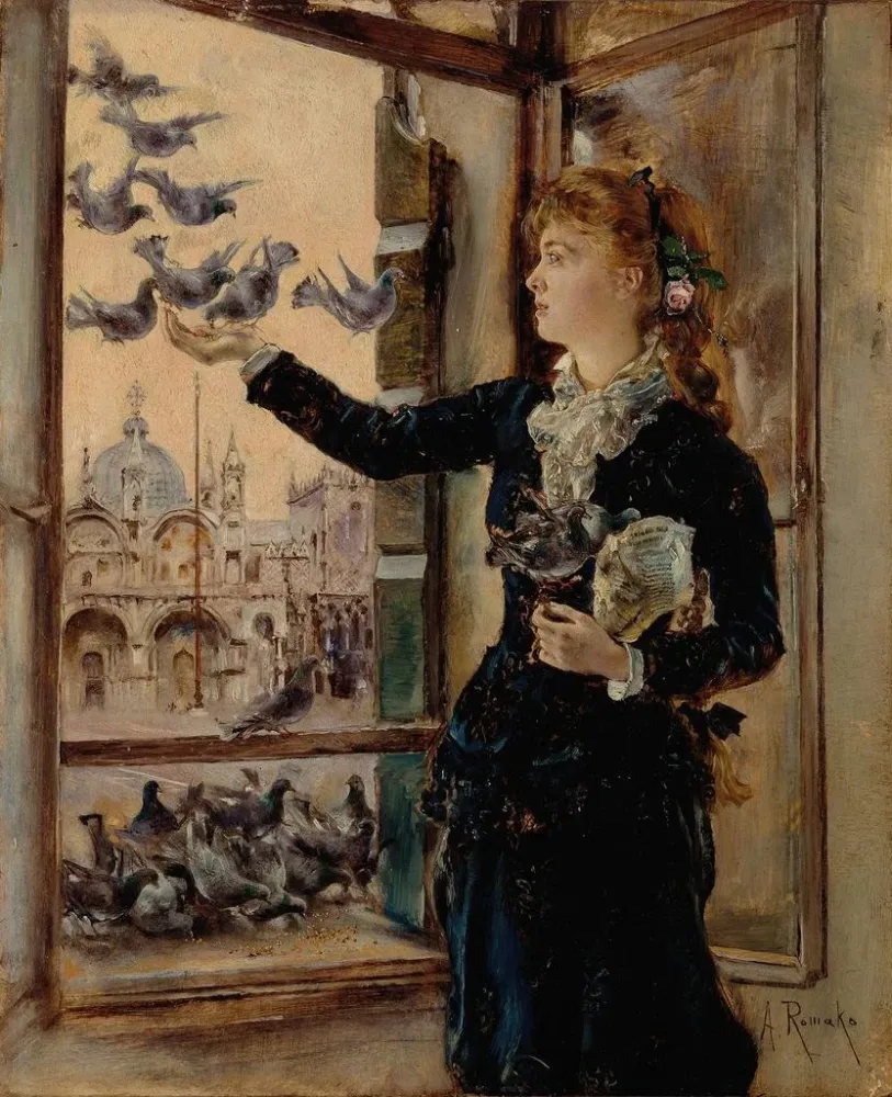 Gemälde Mädchen, das Tauben füttert, einem Fenster mit Blick auf den Markusplatz - Anton Romako | Kunstdruck