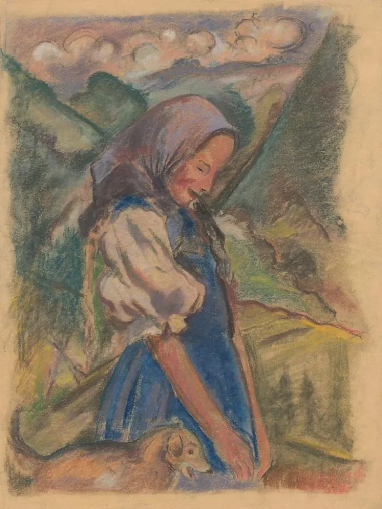 Gemälde Mädchen mit einem Hund einer Landschaft - Arnold Peter Weisz-Kubínč | Kunstdruck