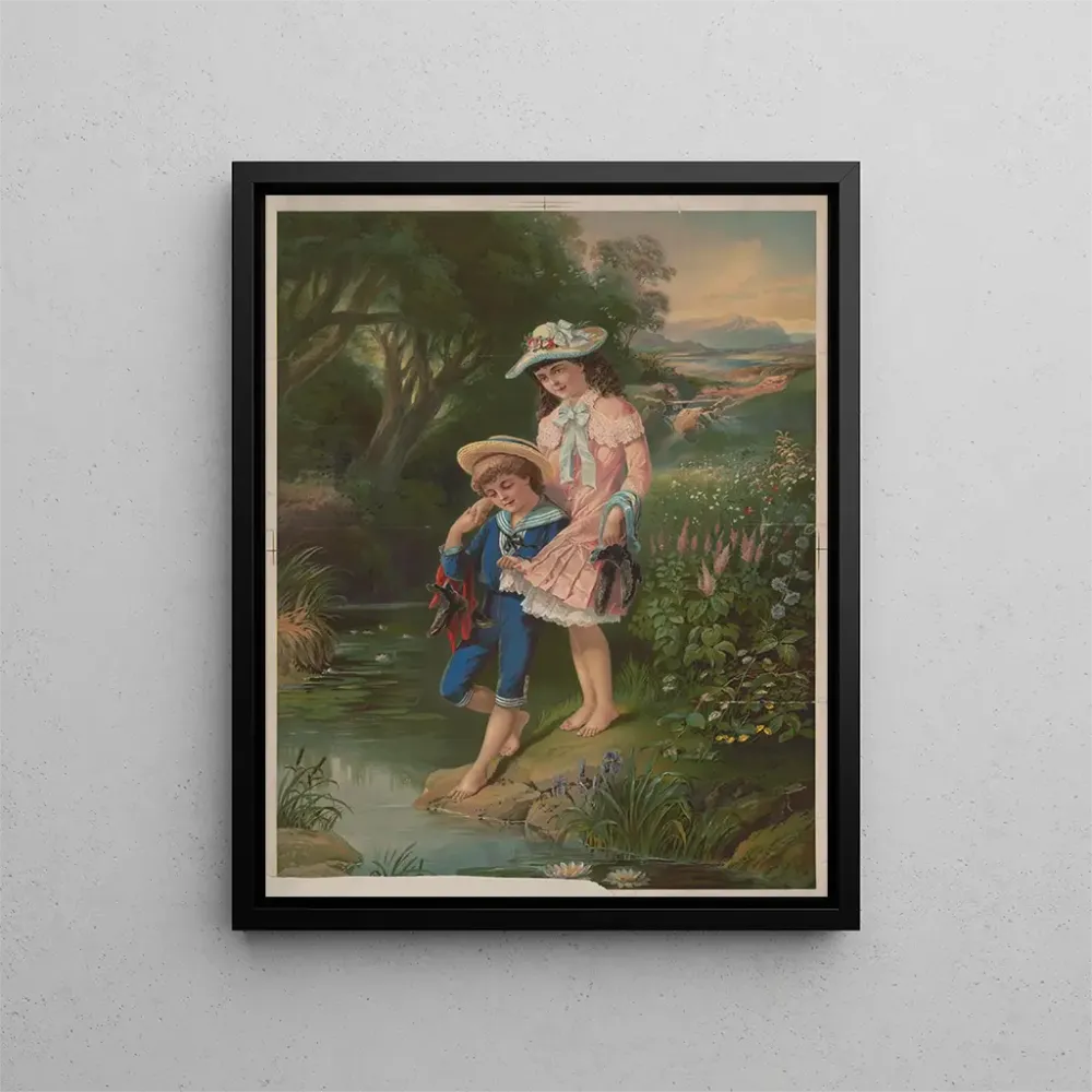 Gemälde Mädchen und Junge barfuß am Wasser - Anonym | Kunstdruck