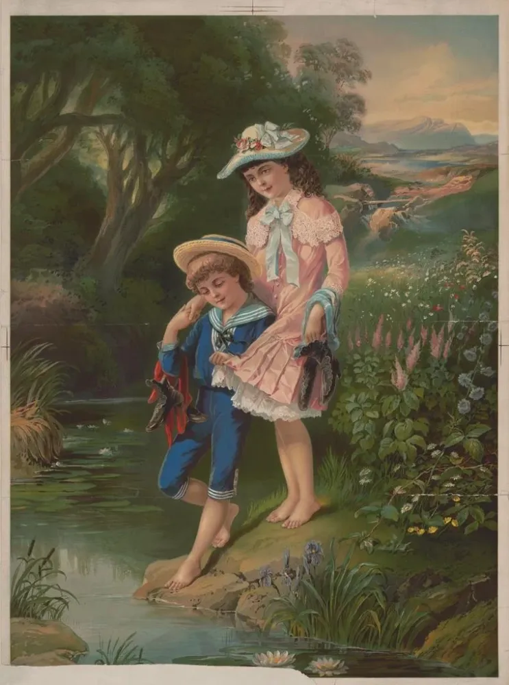 Gemälde Mädchen und Junge barfuß am Wasser - Anonym | Kunstdruck
