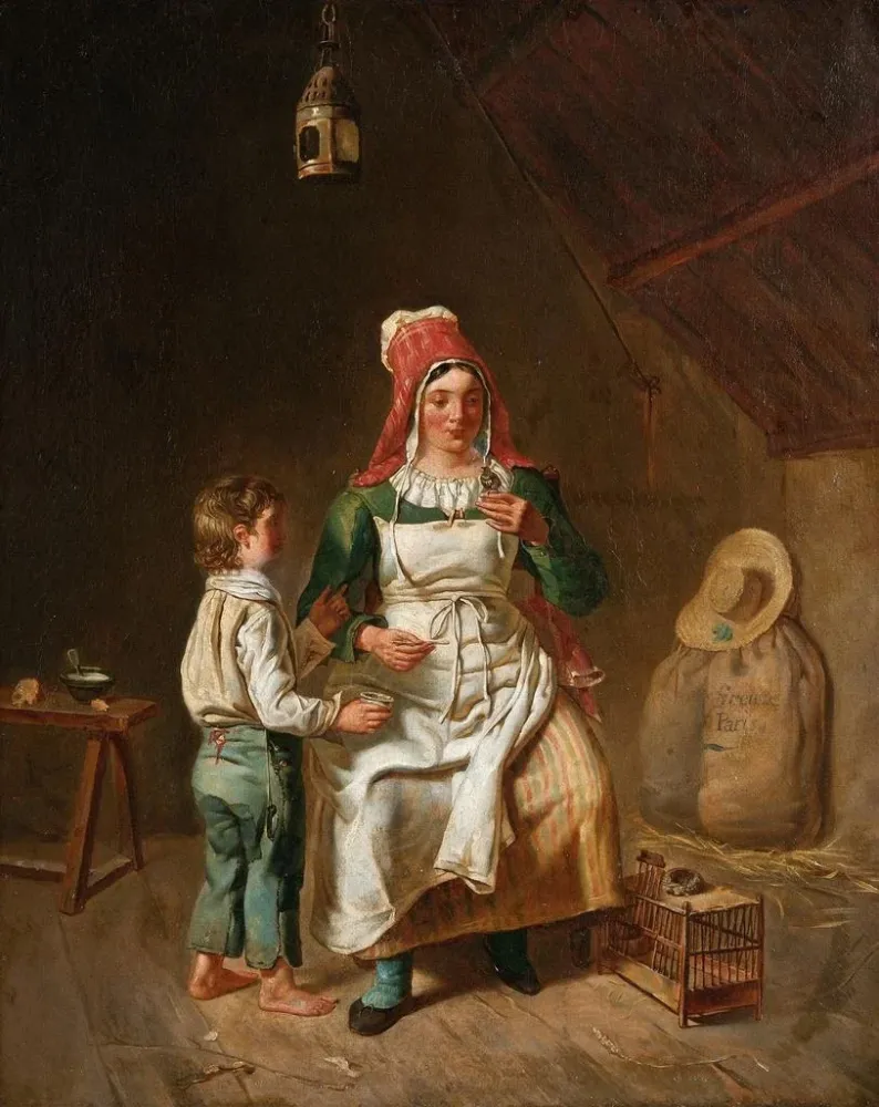 Gemälde Mutter und Sohn mit einem Vogel - Anne-Geneviève Greuze | Kunstdruck