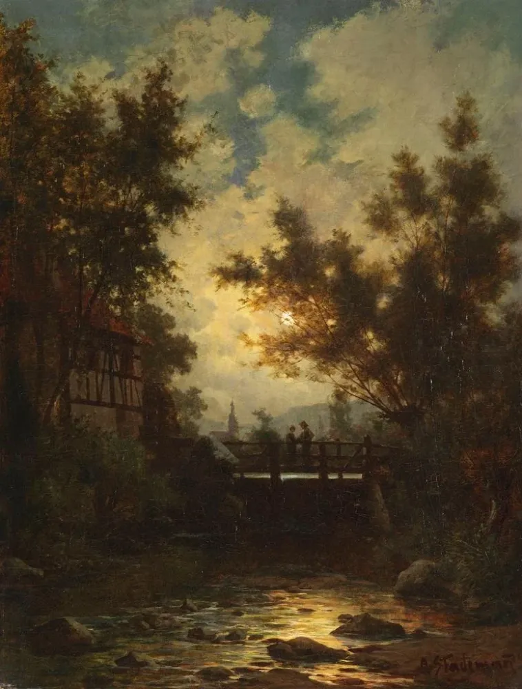 Gemälde Nacht des Vollmonds am Dorfbach - Adolf Stademann | Kunstdruck