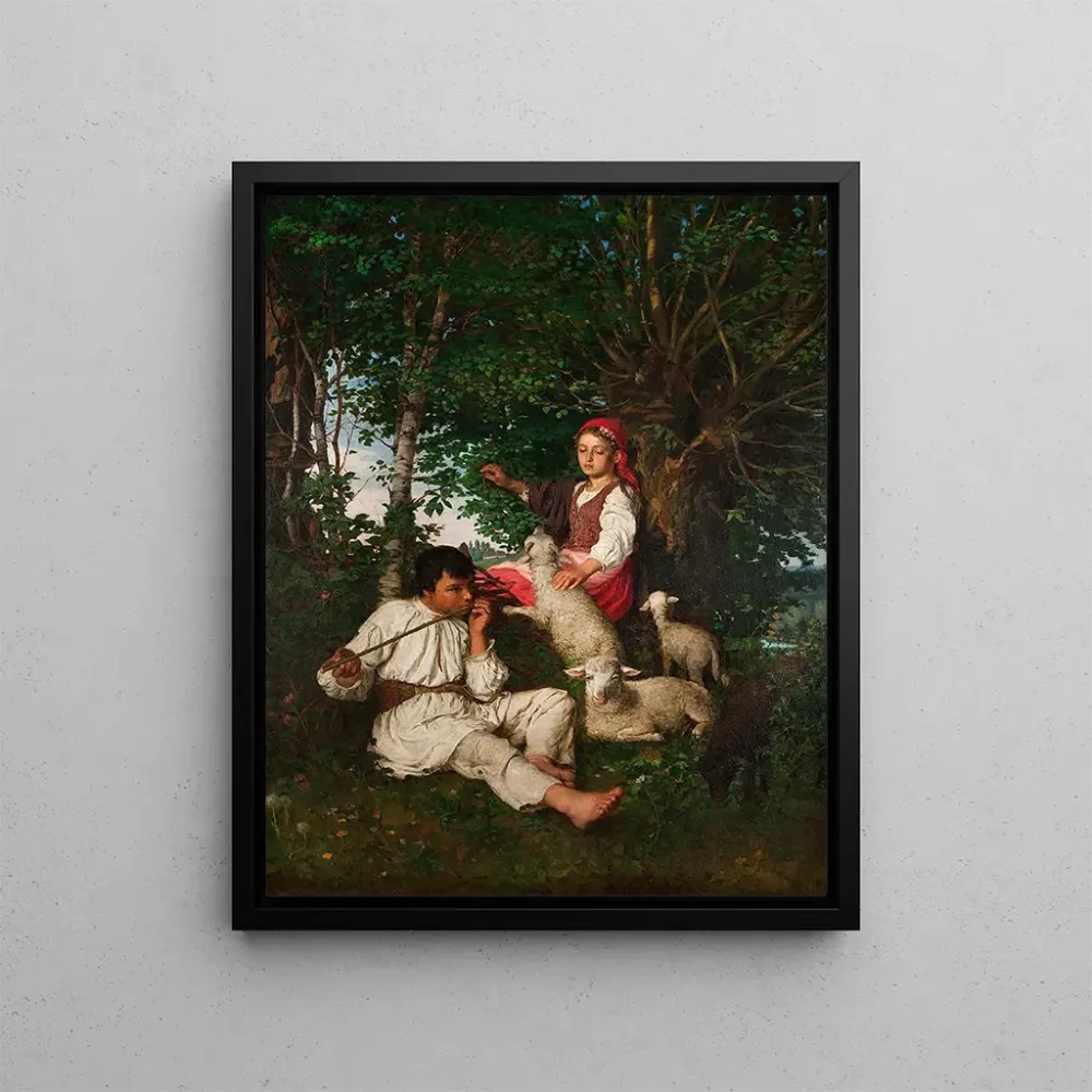 Gemälde Paar von Hirten im Wald: Idyll - Kazimierz Pochwalski | Kunstdruck