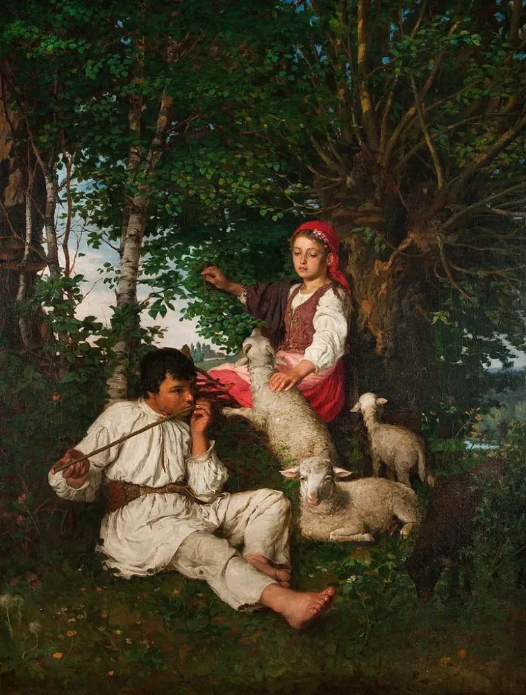 Gemälde Paar von Hirten im Wald: Idyll - Kazimierz Pochwalski | Kunstdruck